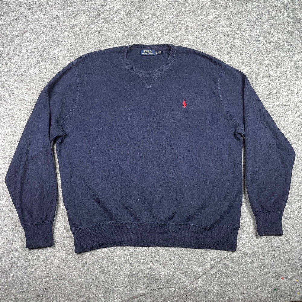 Polo Ralph Lauren Sweater Mens XL Navy Blue Crewneck Red Pony Cotton Pullover